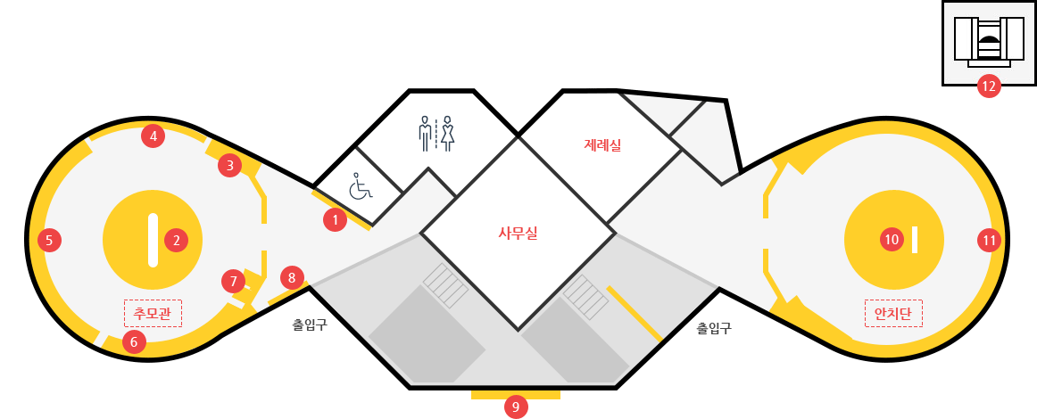 중앙을 기준으로 9.도예벽화가 존재하며 양쪽으로 출입구가 있습니다. 중앙 오른쪽 부분에 10.도예벽화가 있습니다. 오른쪽에는 안치단이 있으며 오른쪽 방향으로 11.헌화대, 12봉안당이 있습니다. 안치단을 나와 왼쪽으로 제례실, 화장실, 장애인 화장실이 있습니다. 왼쪽에는 추모관이 있으며 입구부터 반시계방향으로 1.세월호 스토리동판, 3.세월호 CCTV영상, 4.세월호 방송영상, 5.희생자 유품, 6.샌드아트 영상, 7.전자방명록, 하늘편지가 있습니다. 중앙에서 2층으로 올라가면 사무실이 있습니다.